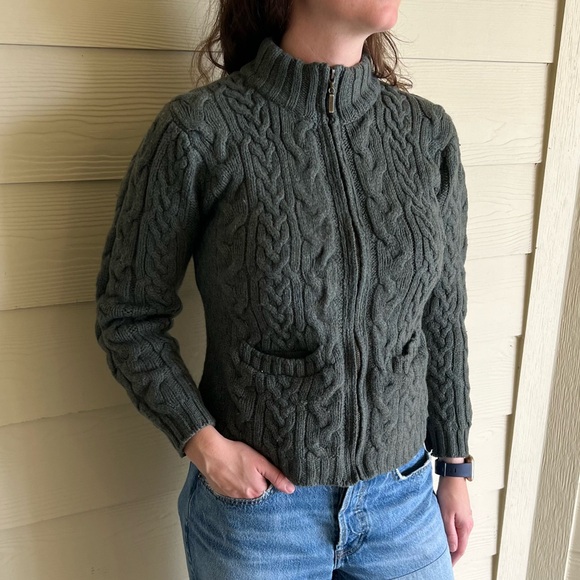 Vintage Inis Crafts 100% Merino Wool Cable Knit Full Zip Sweater - Green - S - Picture 7 of 10